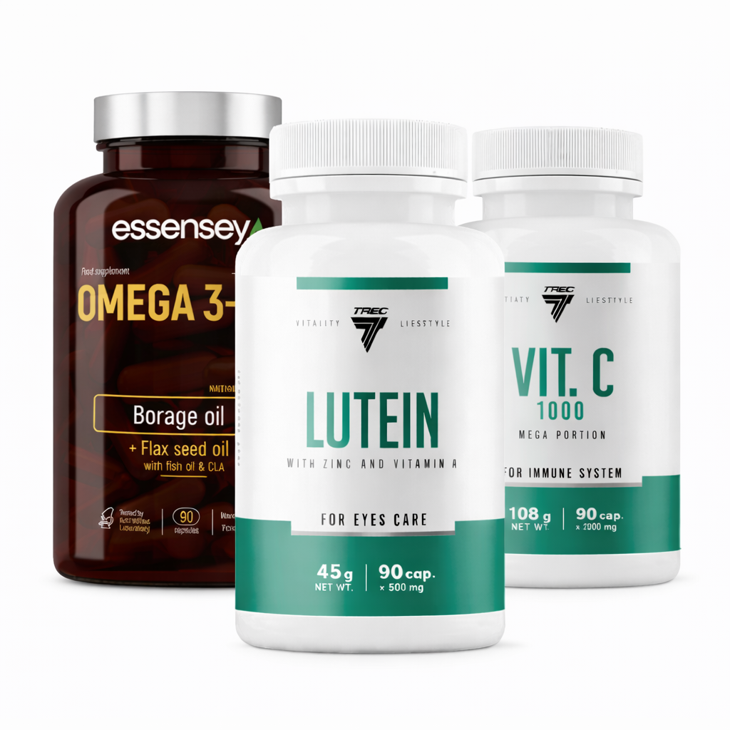 Komplekts acu, imunitātes un šūnu aizsardzībai (Luteīns + C vitamīns + Omega-3-6-9)