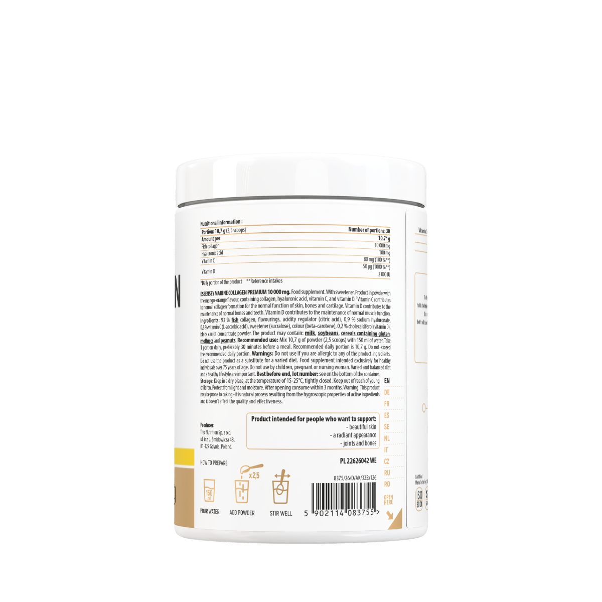 Premium jūras kolagēns 10 000 mg ar hialuronskābi, C un D3 vitamīnu (321 g)