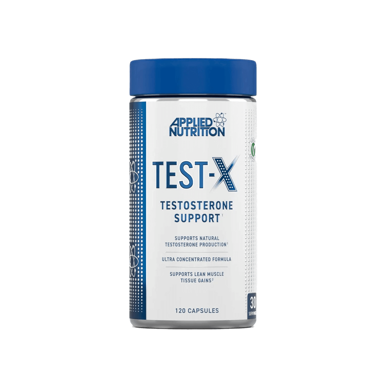 Test X testosterona atbalstam ar sierāboliņu, Korejas žeņšeņu, maka, ašvagandu un DAA no Applied Nutrition