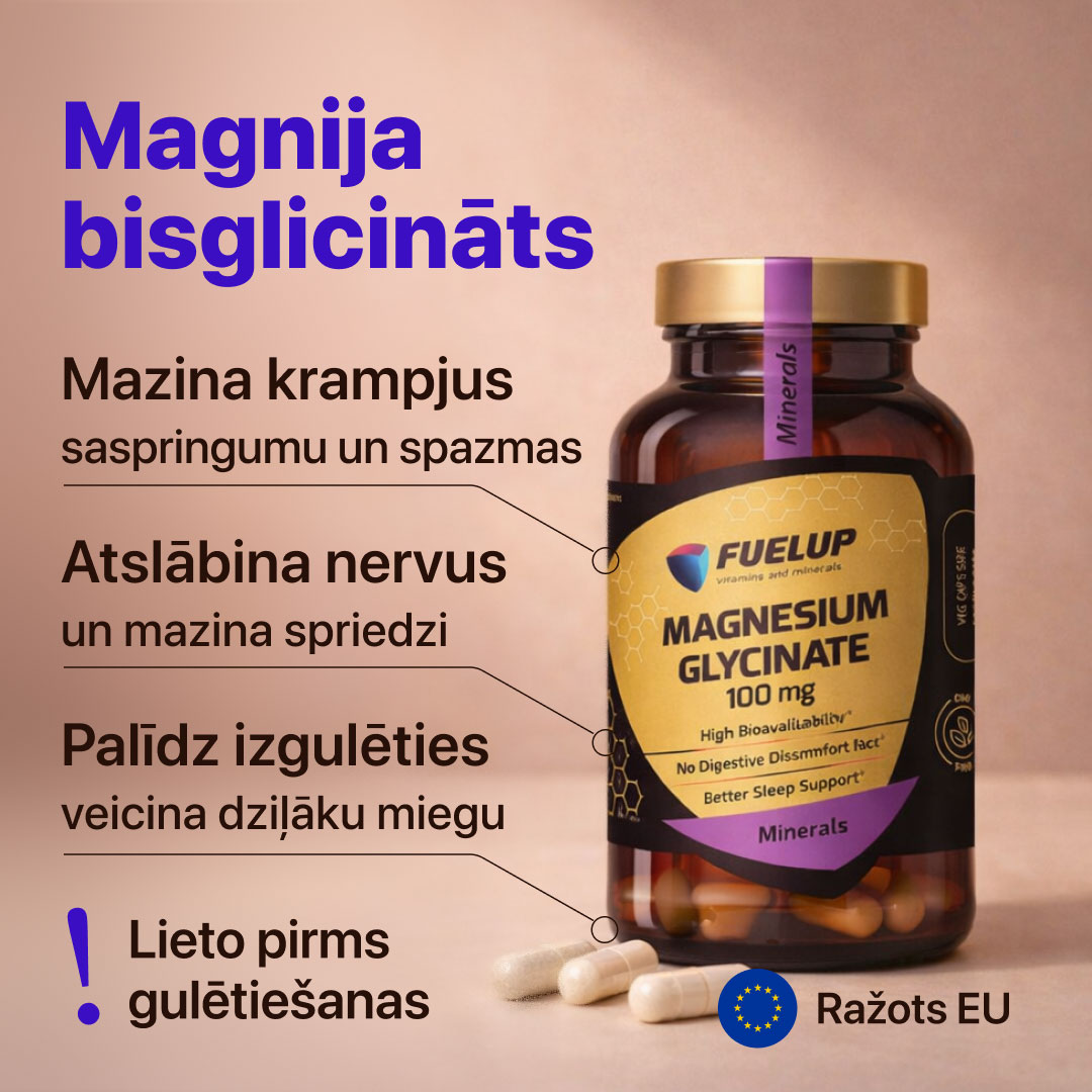 Magnija glicināts (bisglicināts) spriedzes, muskuļu un krampju profilaksei 100mg (120 kapsulas)